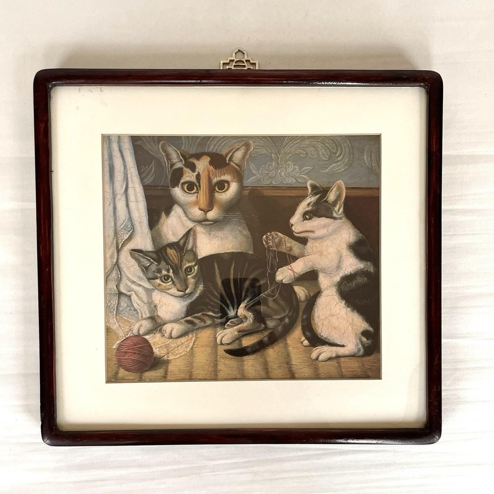 Vintage Cat and Kittens Framed Print 1872 Folk Art Americana National Gallery